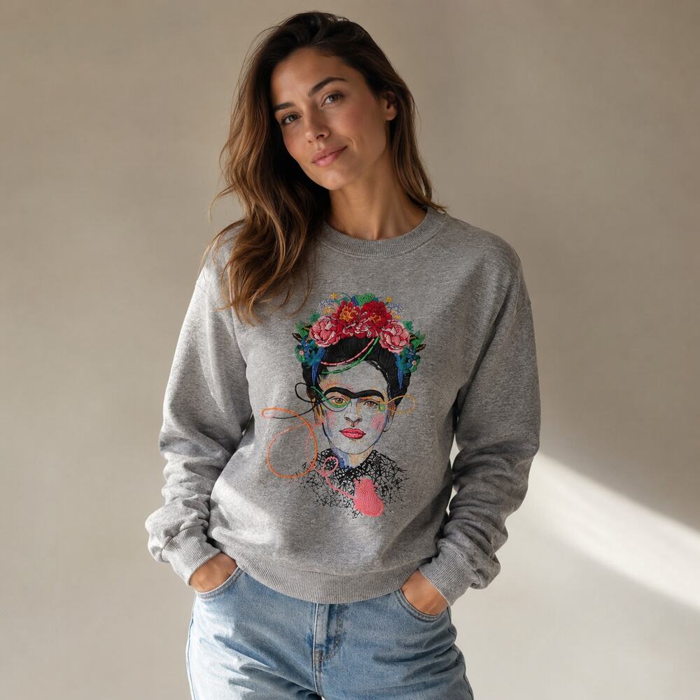 Katya Dobryakova Embroidery Frida Kahlo Fleece Sweatshirt Womens S Gray Crewneck